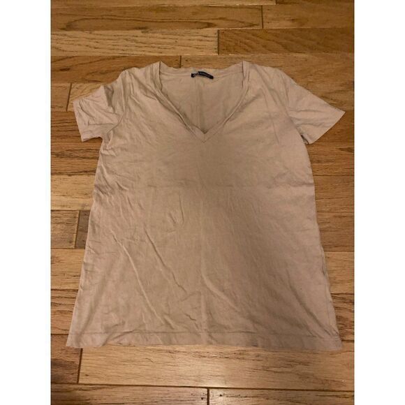 Zara, women's tan v-neck short sleeve basic cotton t shirt size small - Picture 1 of 8